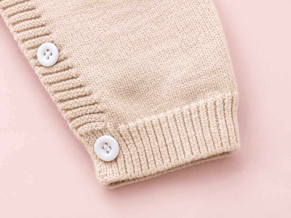 Beige knitted baby romper leg-buttons detail on blush pink