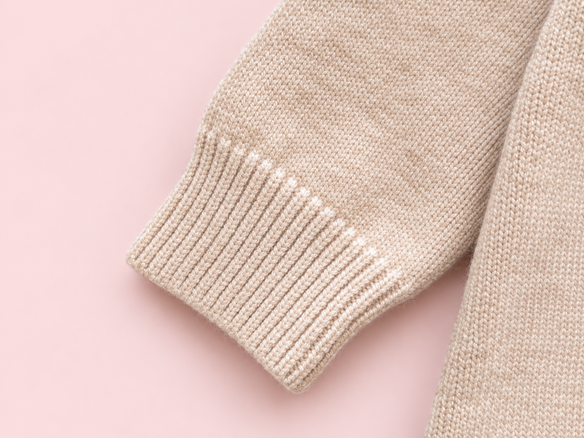 Beige knitted baby romper sleeve detail on blush pink