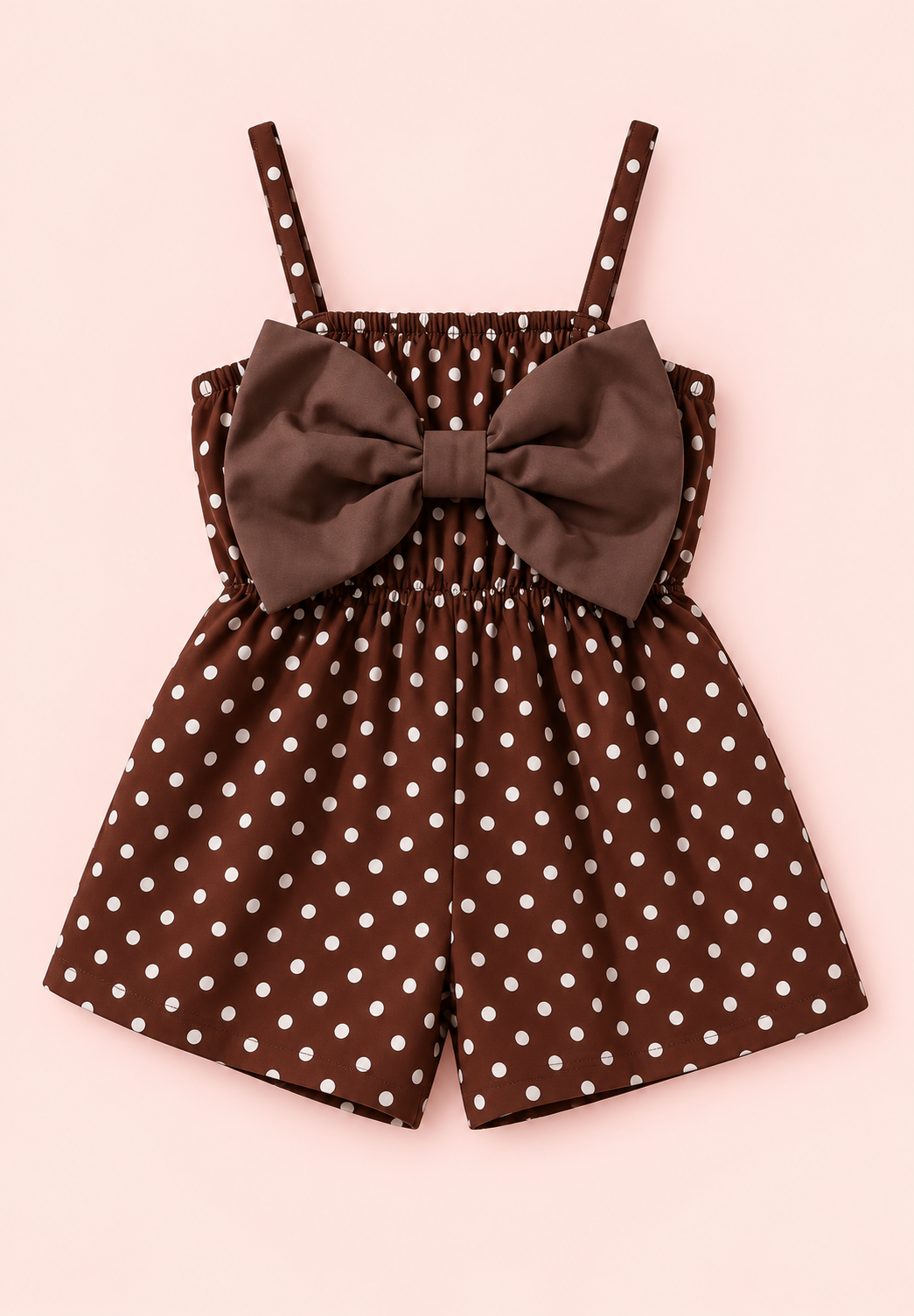 Babeilu Chocolate Polka Dot Bow Romper - front view