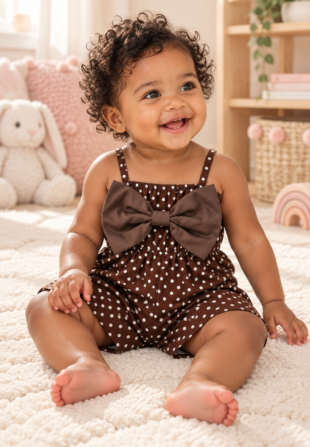 AI-generated styling illustration of a curly-haired baby girl wearing Babeilu's Chocolate Polka Dot Bow Romper