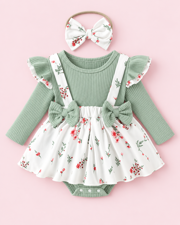 Baby Girls’ Floral Skirted Romper & Bow Headband – Sage Green
