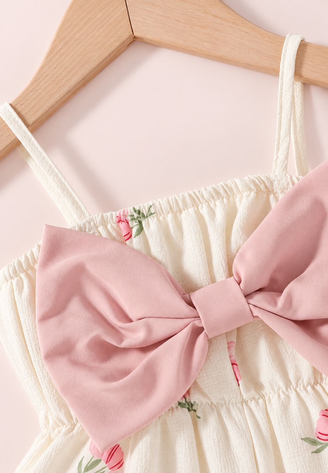 Babeilu Tulip Bow Romper in cream and baby pink - detail view