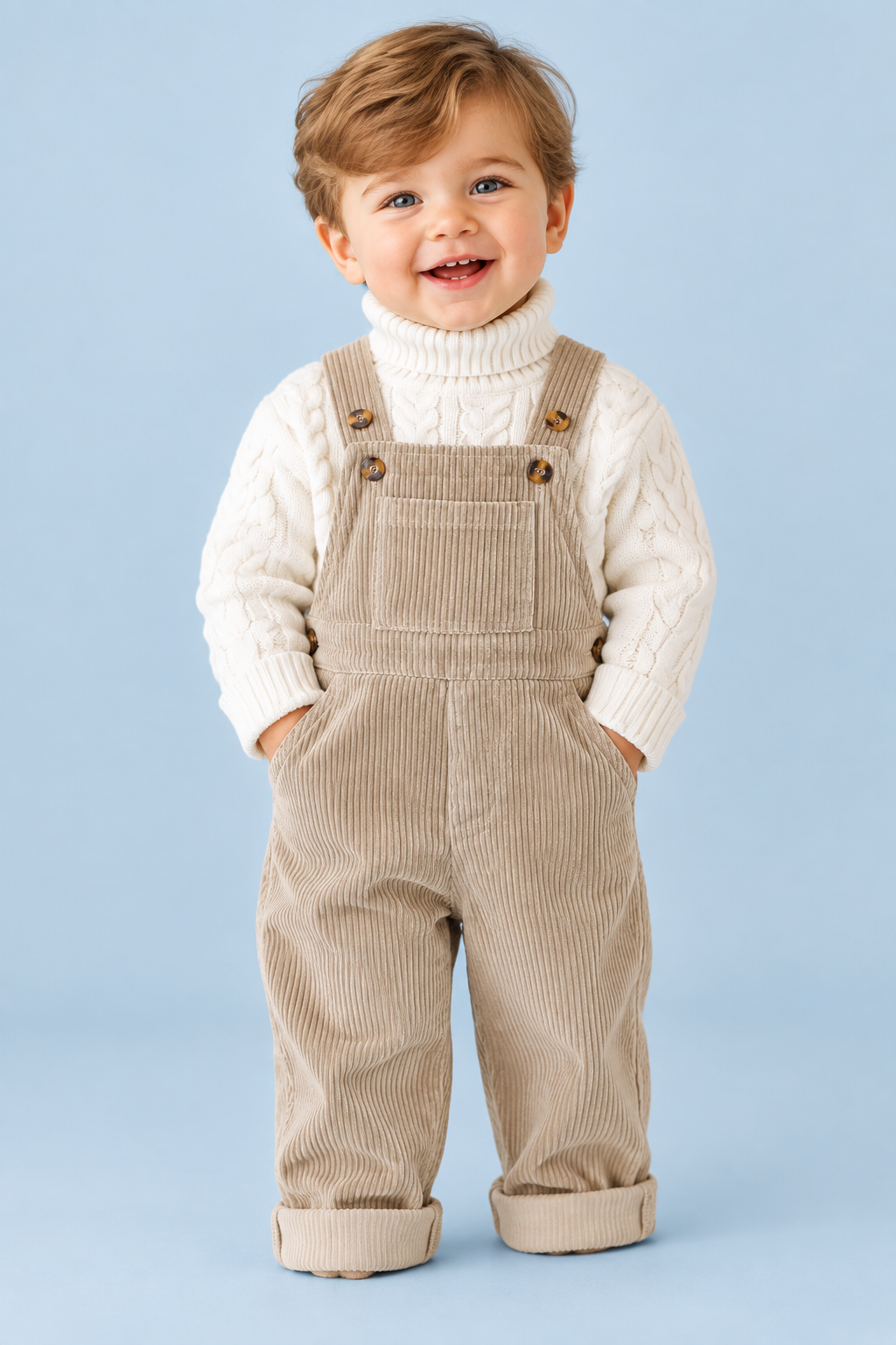 Baby Boys’ Dungaree & Cable-Knit Sweater Set – Beige & Cream