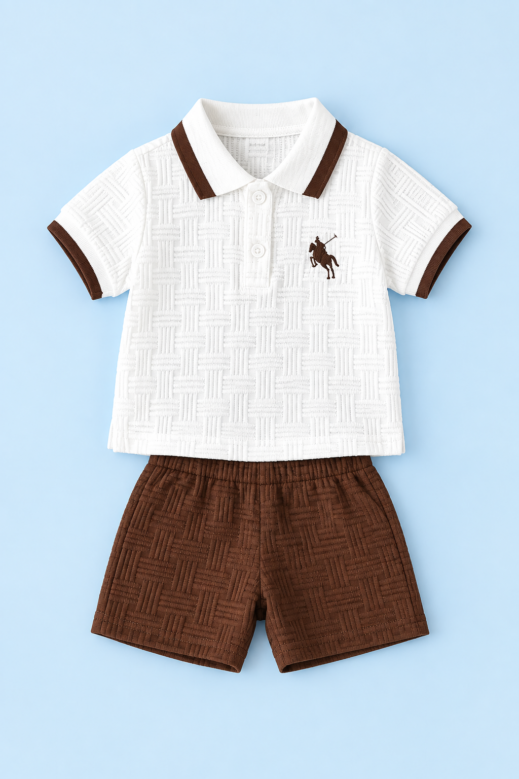 Baby Boys’ Textured Polo & Shorts Set – White & Brown