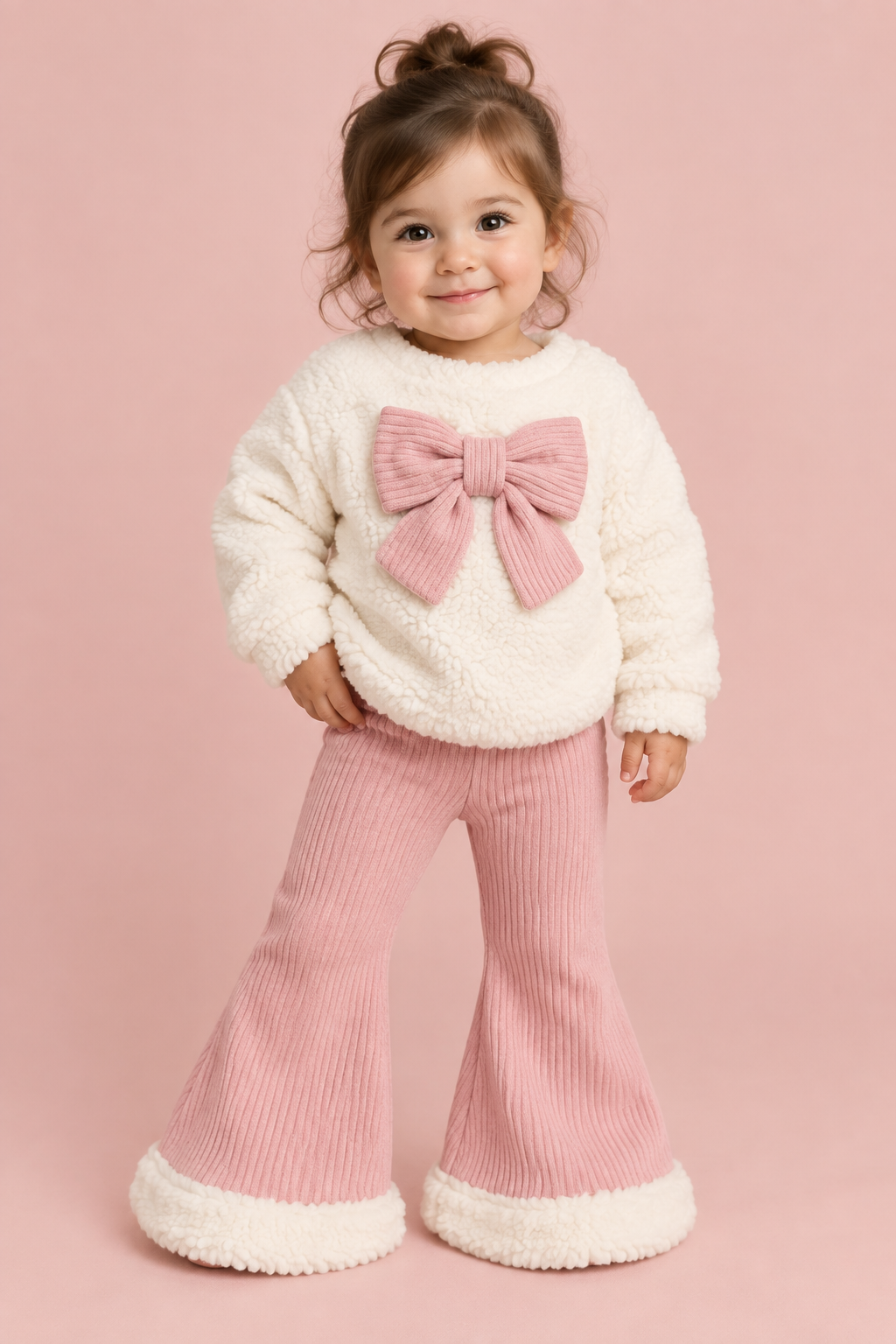 Pink Bow Sherpa Sweatshirt & Corduroy Flare Pants Set