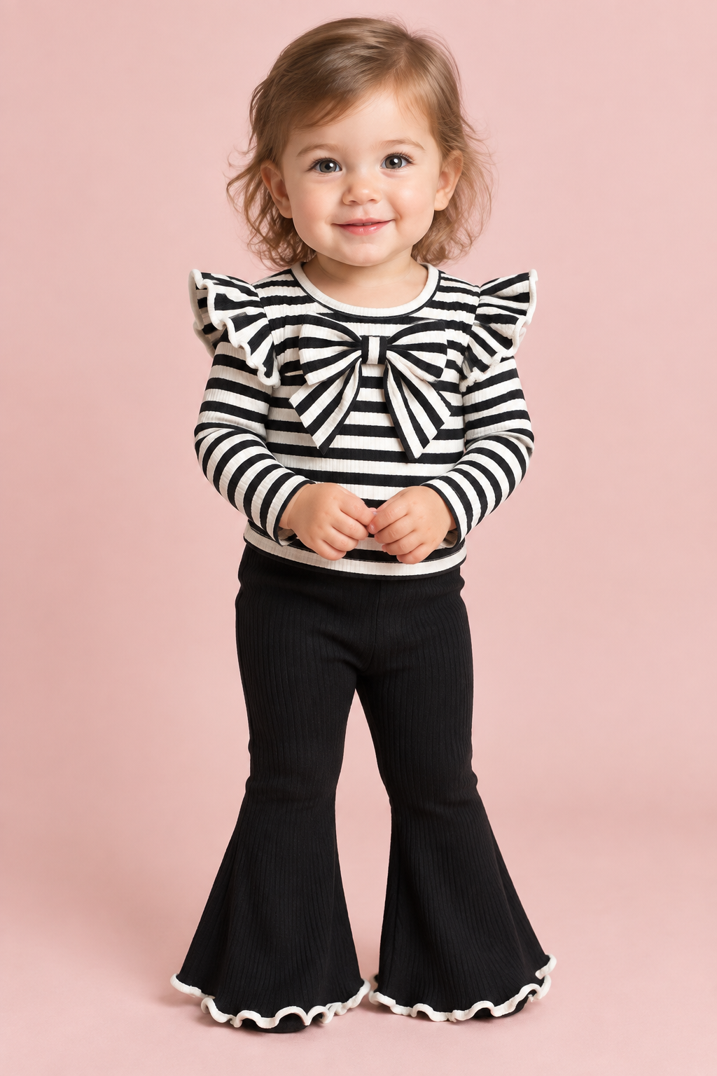 Black Striped Bow Set with Ruffle Bell Bottom Pants