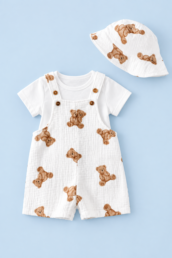 Baby Teddy Bear Dungaree Set with Hat – White & Brown