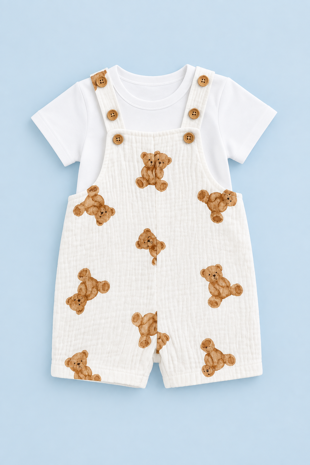 Baby Teddy Bear Dungaree Set with Hat – White & Brown