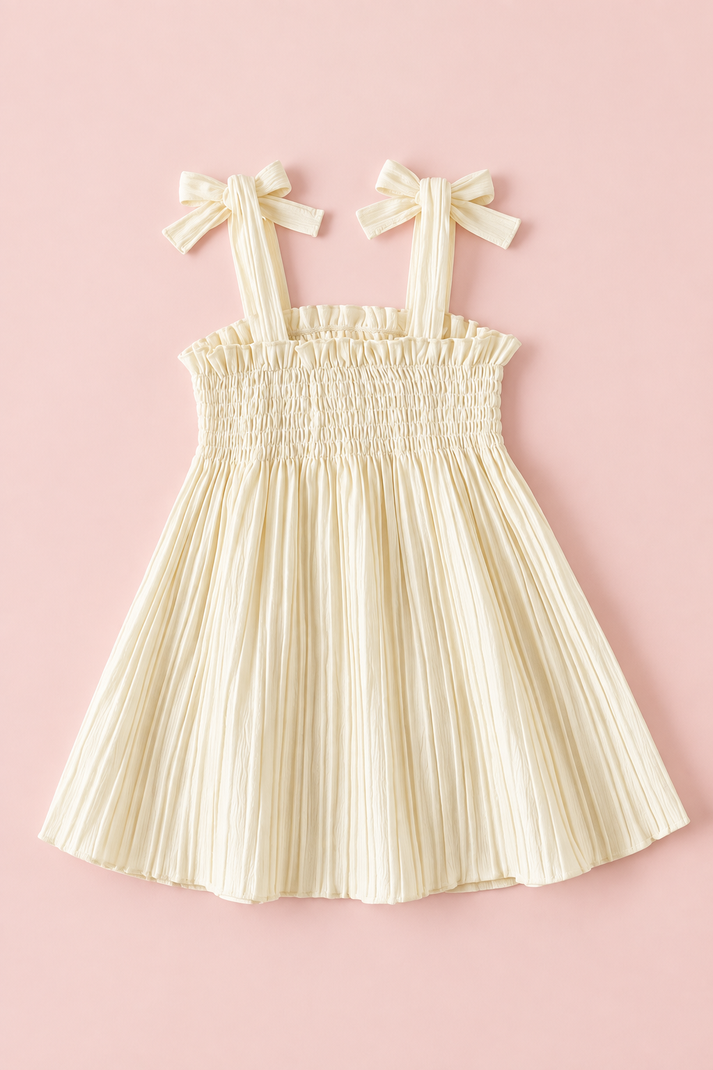 Ivory Pleated Smocked Dress with Bow Straps & Flower Appliqués