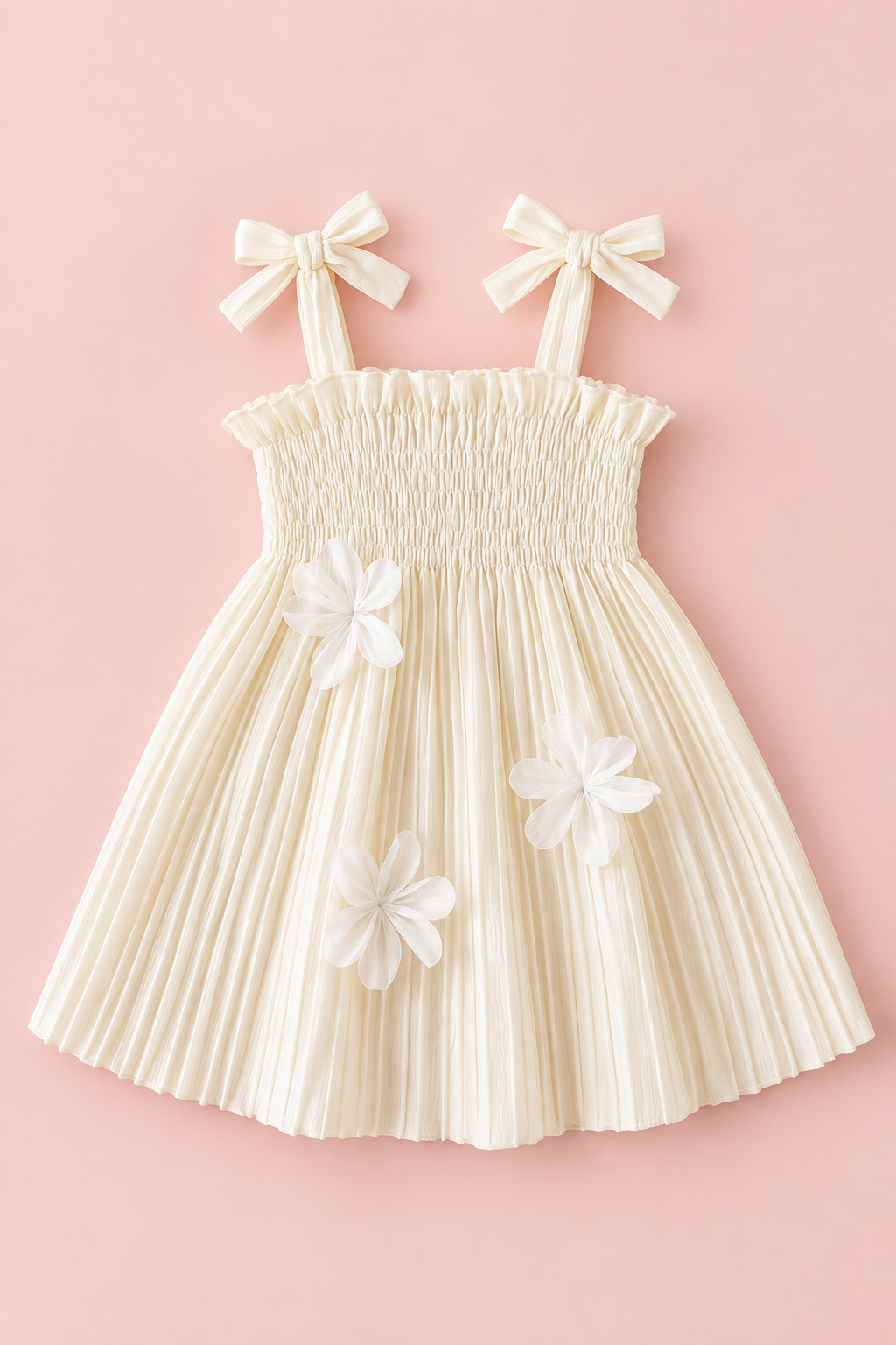 Ivory Pleated Smocked Dress with Bow Straps & Flower Appliqués