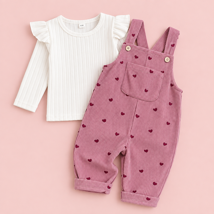Pink Heart Corduroy Dungaree & Ruffle Top 2-Piece Set