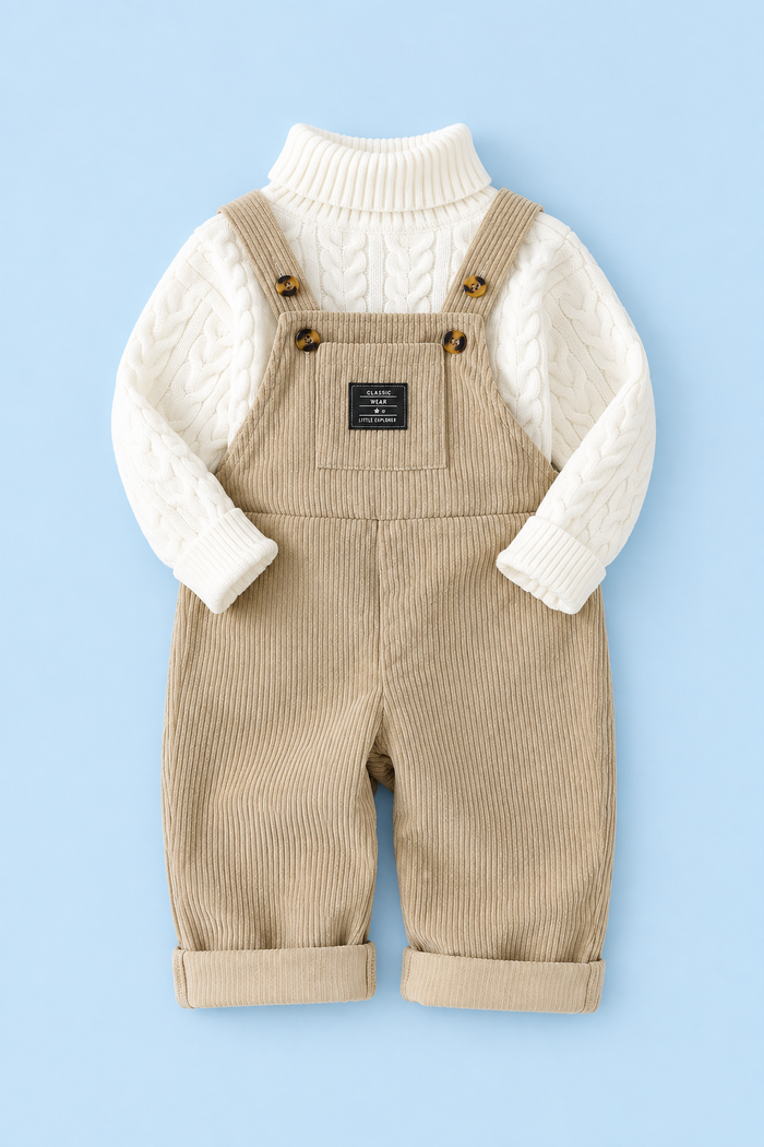 Baby Boys’ Dungaree & Cable-Knit Sweater Set – Beige & Cream