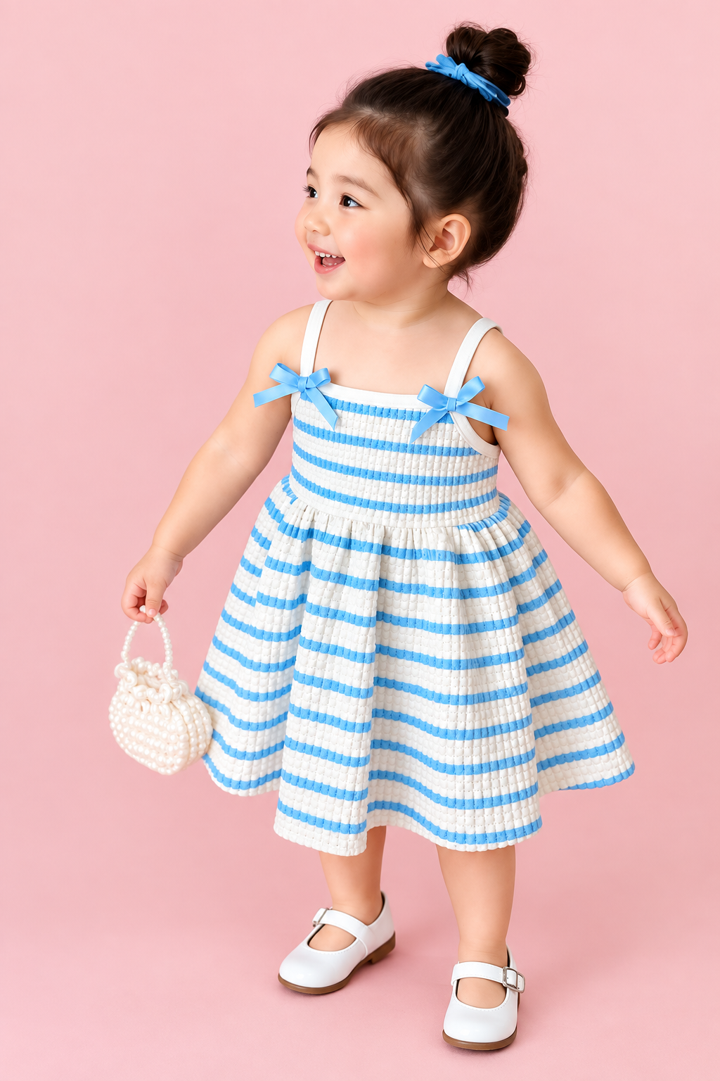 Blue Stripe Bow Baby Girl Dress