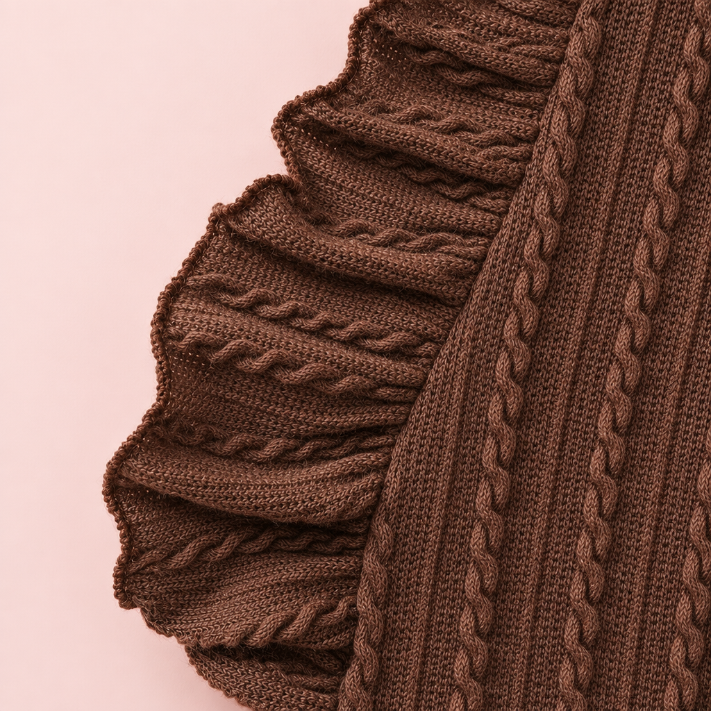 Brown Cable-Knit Vest & Ruffle Pants 3-Piece Set