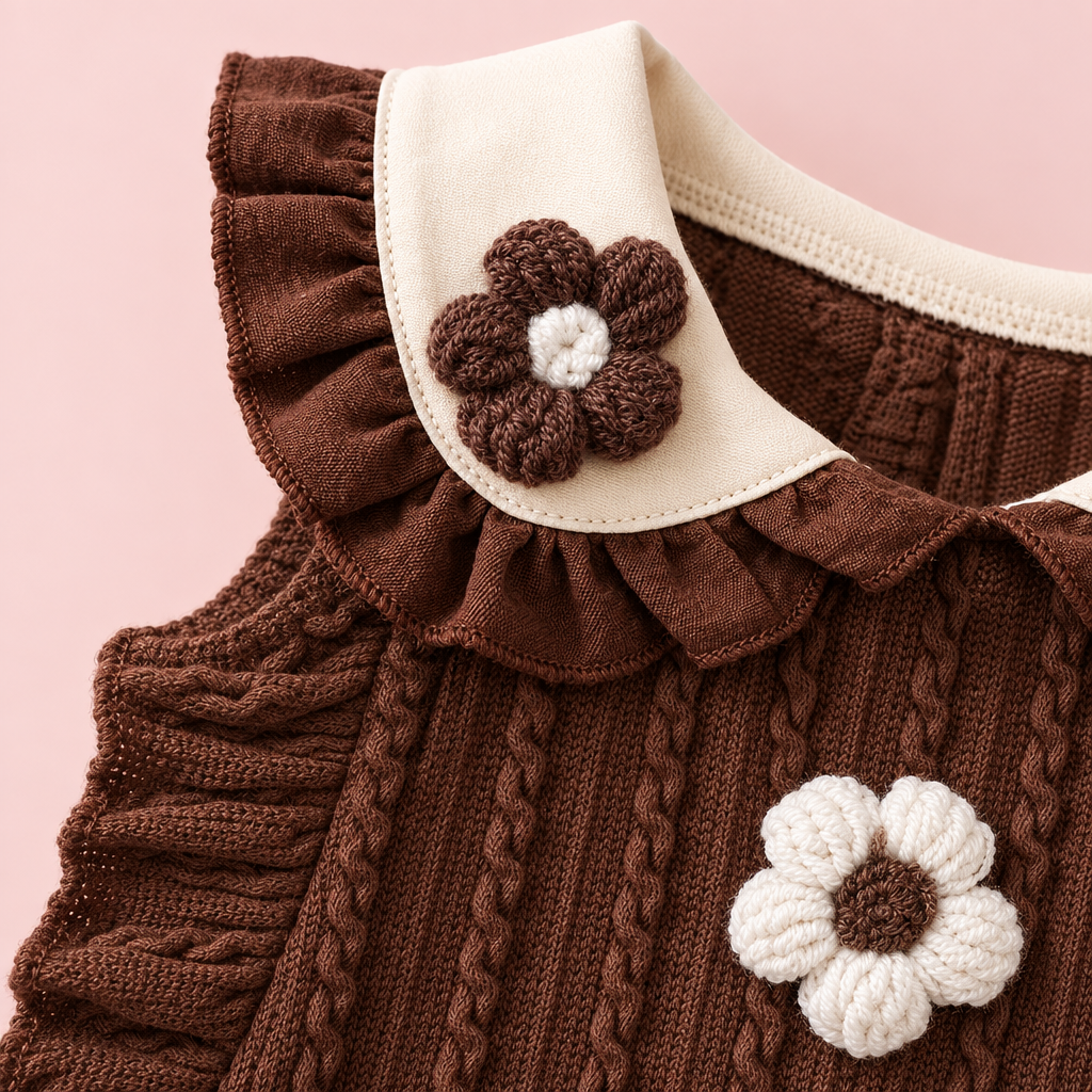 Brown Cable-Knit Vest & Ruffle Pants 3-Piece Set
