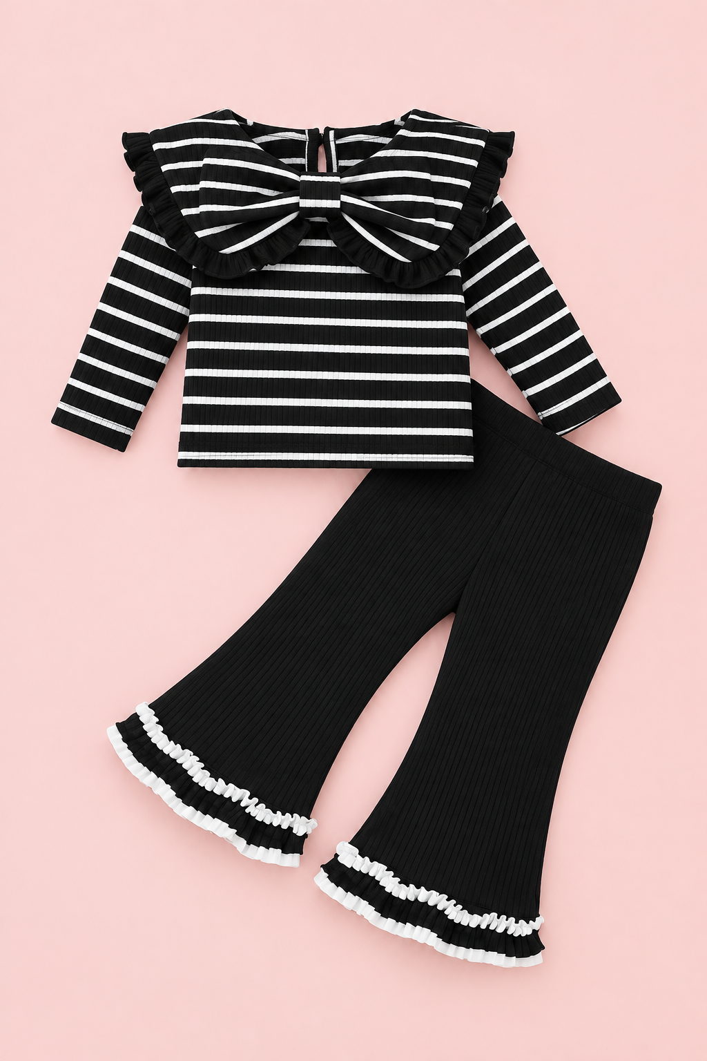 Black Striped Bow Set with Ruffle Bell Bottom Pants