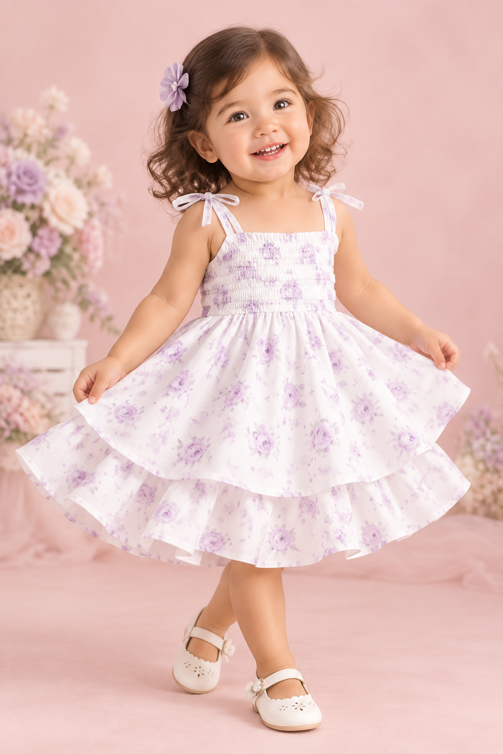 Purple Floral Tiered Smocked Dress