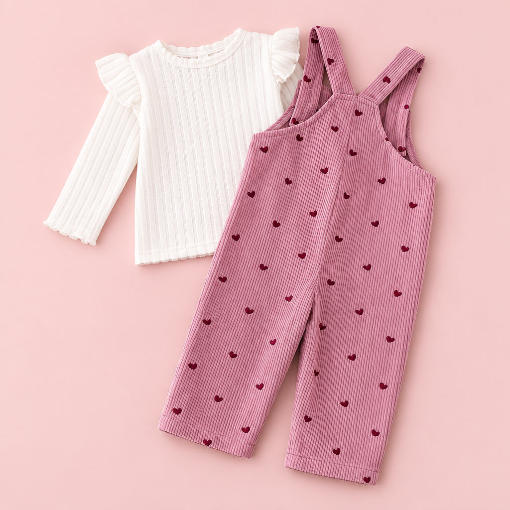 Pink Heart Corduroy Dungaree & Ruffle Top 2-Piece Set