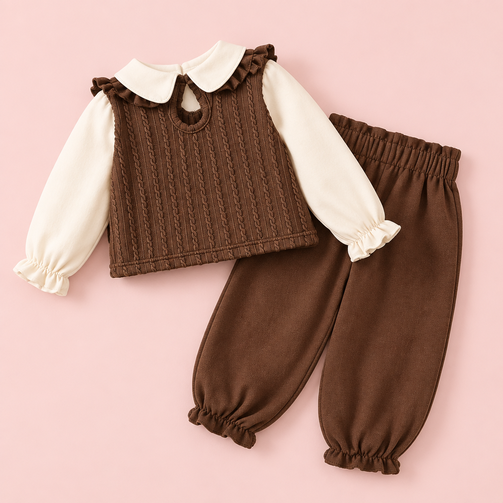 Brown Cable-Knit Vest & Ruffle Pants 3-Piece Set