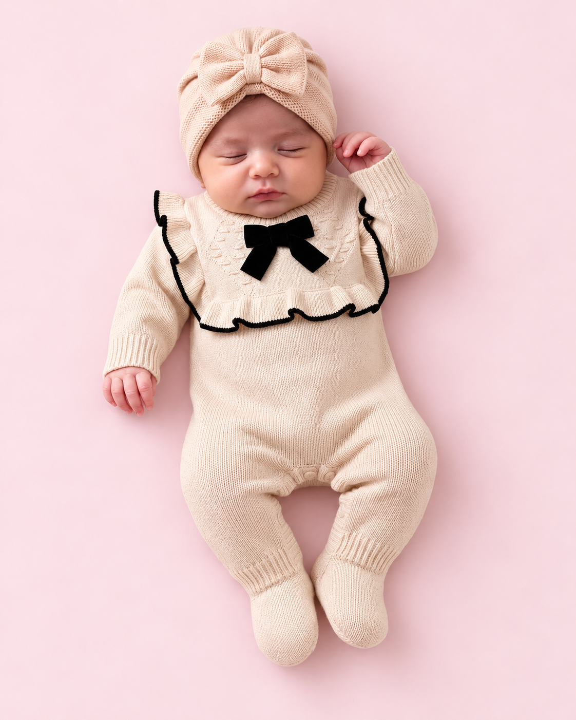 Baby wearing apricot and black bow knitted romper; headwear shown for styling
