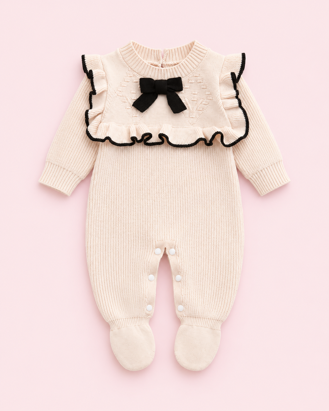 Apricot cream knitted footed romper with black bow and ruffle trim