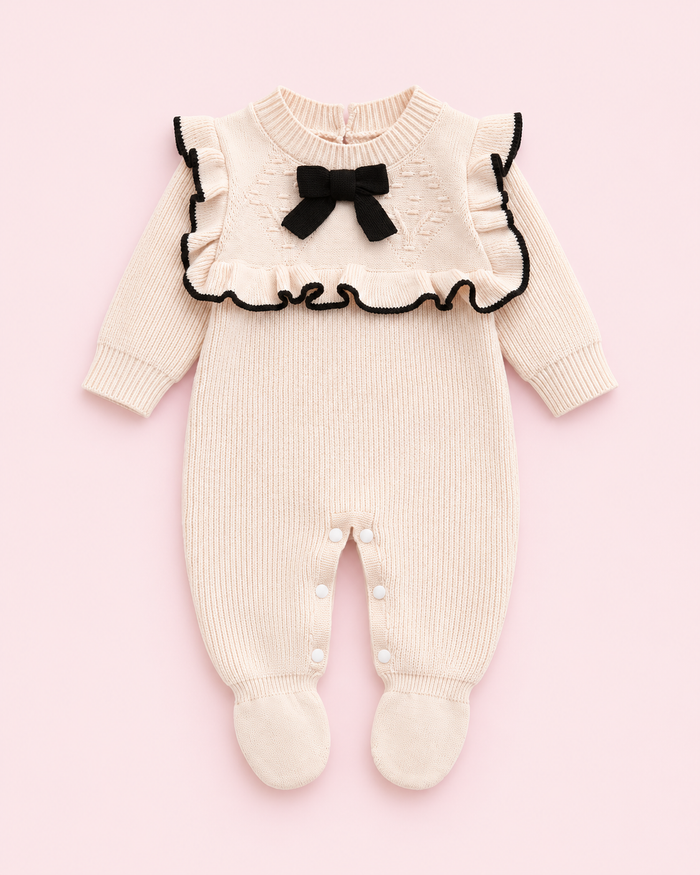 Baby Girls’ Black Bow & Ruffle Footed Knitted Romper – Apricot
