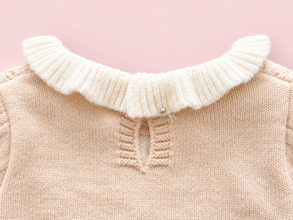 Beige knitted baby romper back-neckline detail on blush pink
