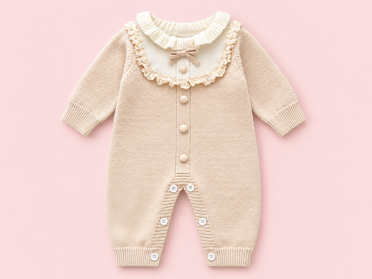 Beige lace bib and bow knitted baby romper, front view on blush pink