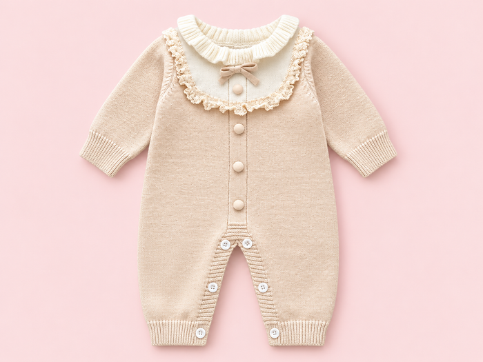 Baby Girls’ Lace Bib & Bow Knitted Romper – Beige