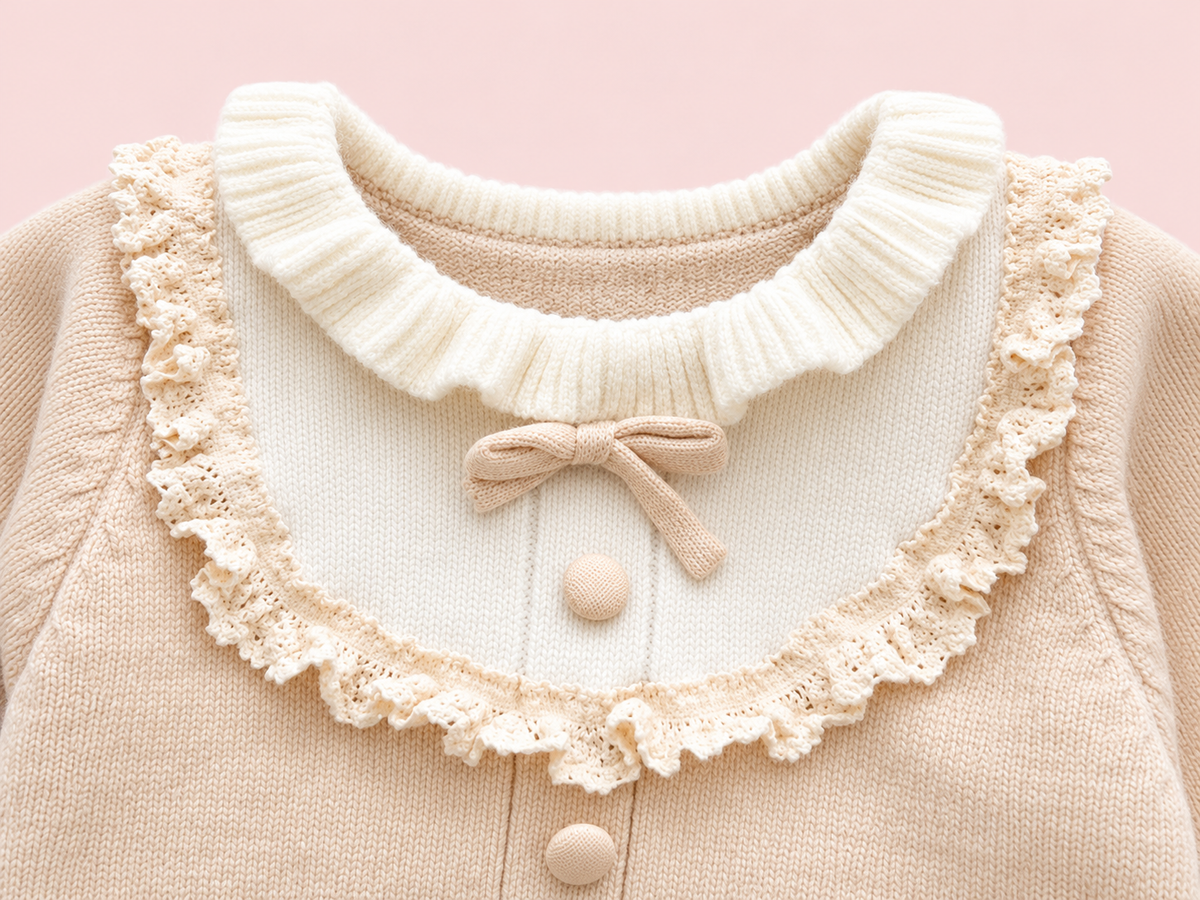 Beige knitted baby romper lace-bow detail on blush pink