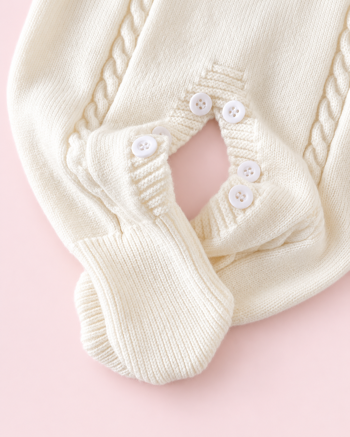 Cream romper inner-leg buttons and ribbed feet detail