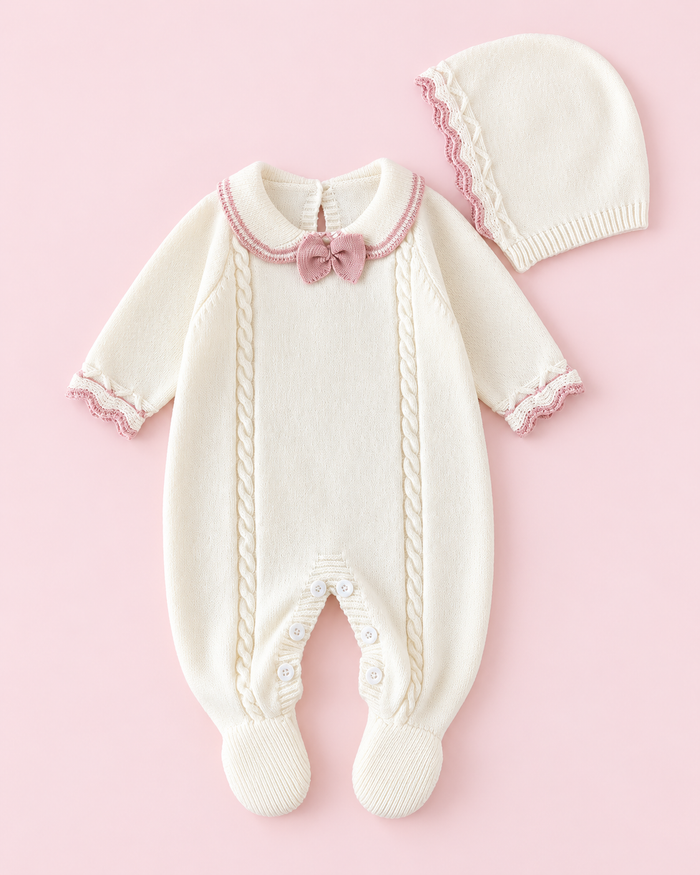 Baby Girls Cream Cable Knit Bow Footed Romper & Bonnet