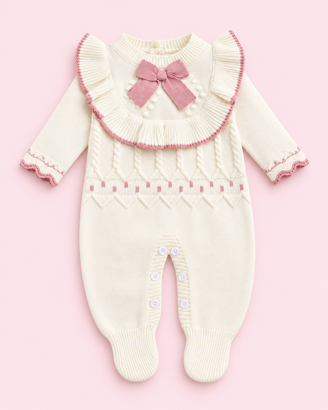 Cream knitted baby romper with pink bow and ruffle collar on blush pink background