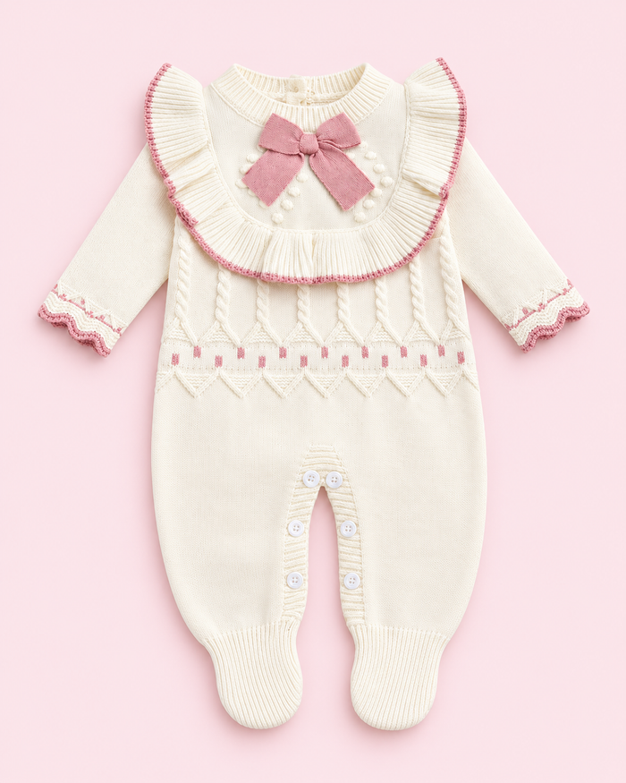 Baby Girls’ Bow & Ruffle Knitted Romper – Cream & Pink