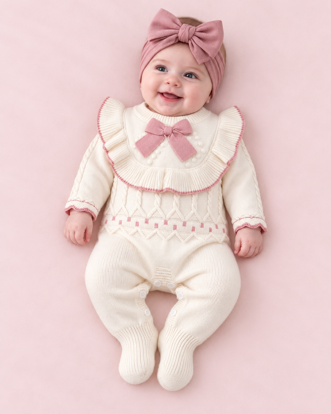 Baby wearing cream and pink bow knitted romper; headwear shown for styling