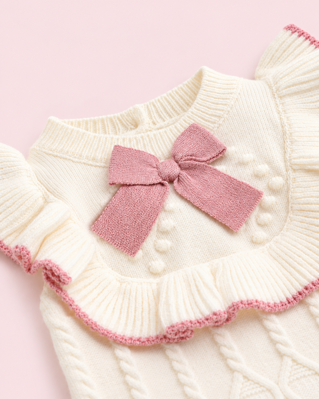 Close-up of pink bow and ruffled collar on cream knitted romper