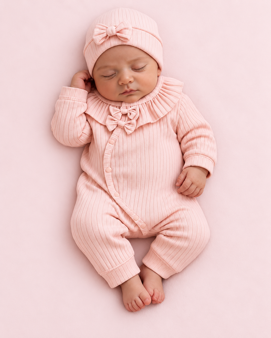 Baby wearing light pink ribbed double-bow romper and matching cap
