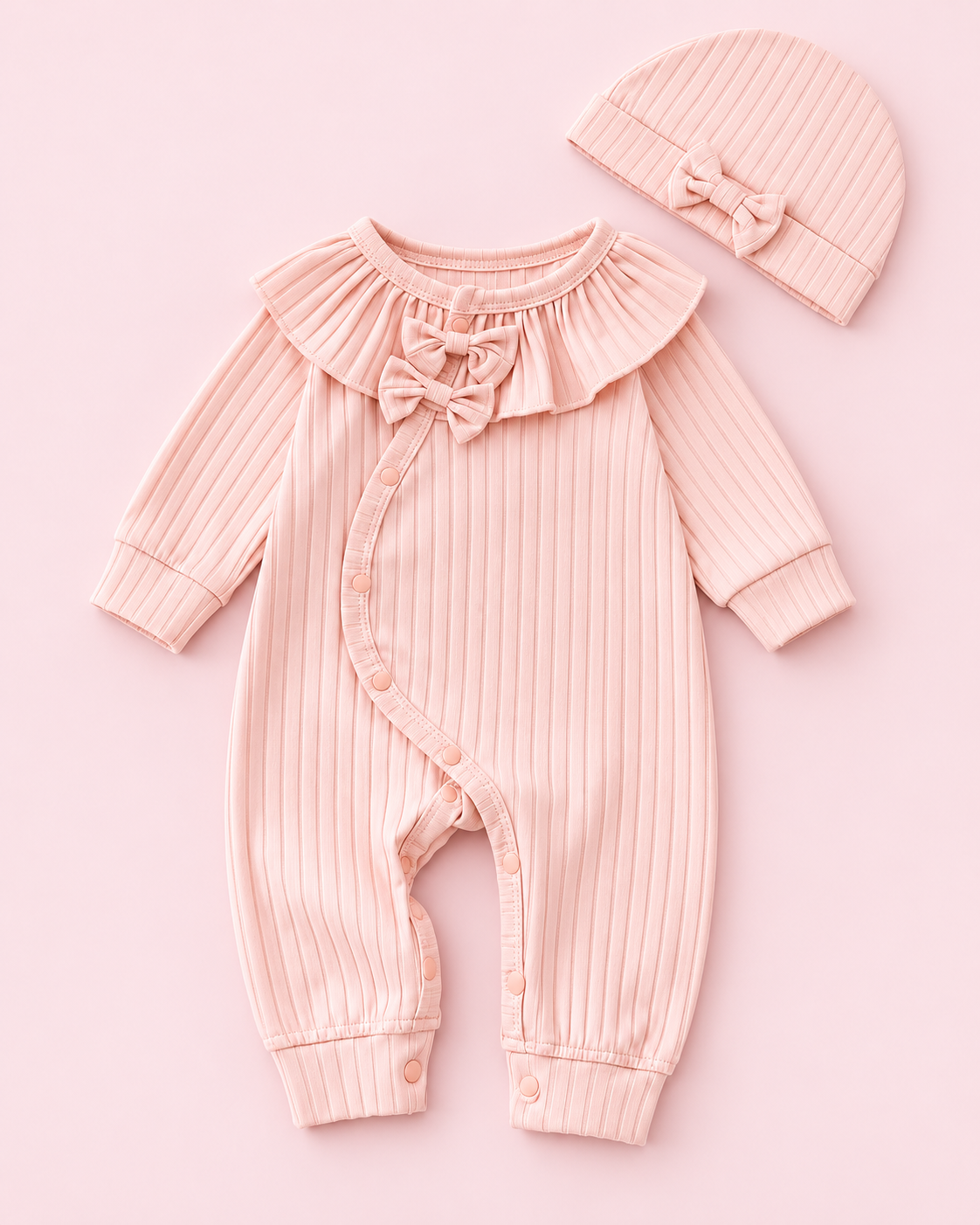 Light pink ribbed double-bow ruffle collar romper with matching bow cap