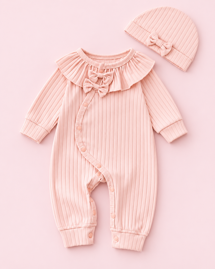 Baby Girls’ Double-Bow Ruffle Collar Romper & Cap – Light Pink