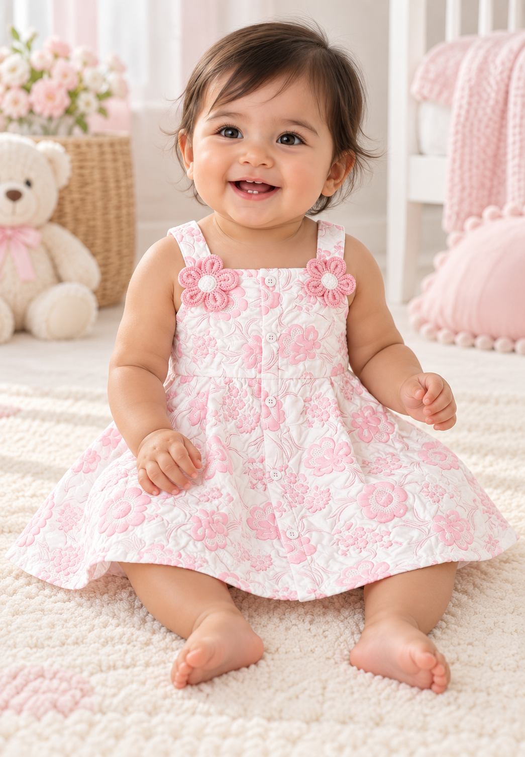 AI-generated styling illustration of a baby girl wearing Babeilu's Pink Blossom Floral Dress