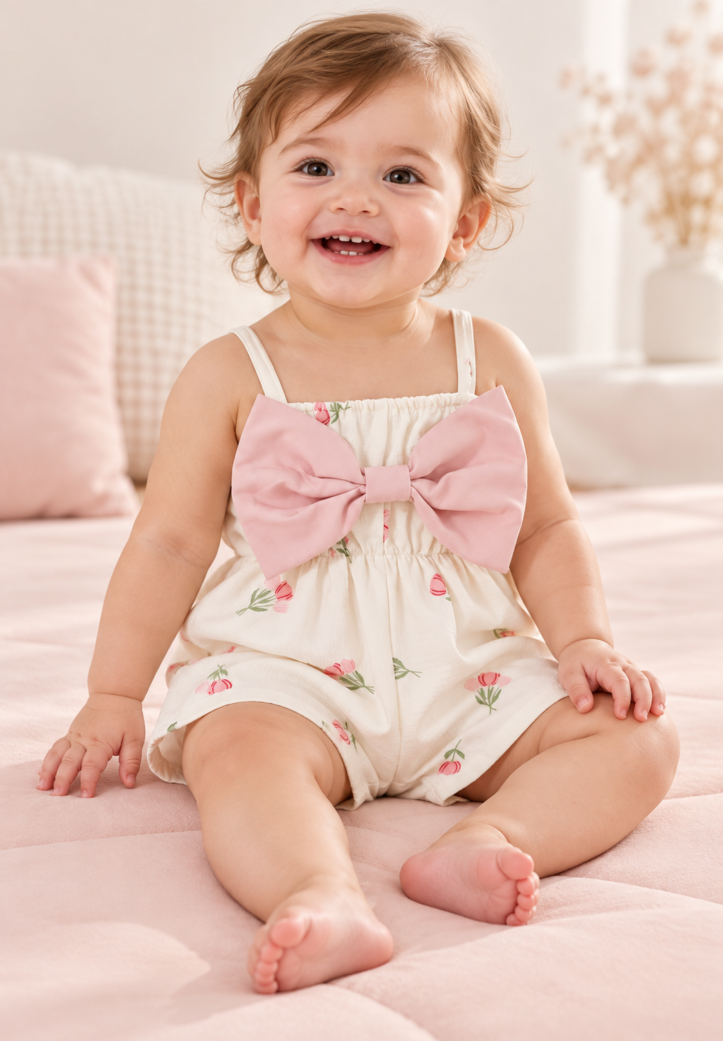AI-generated styling illustration of a baby girl wearing the Babeilu Tulip Bow Romper