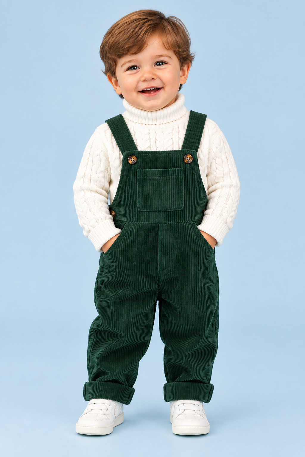Baby Boys’ Dungaree & Cable-Knit Sweater Set – Dark Green & Cream