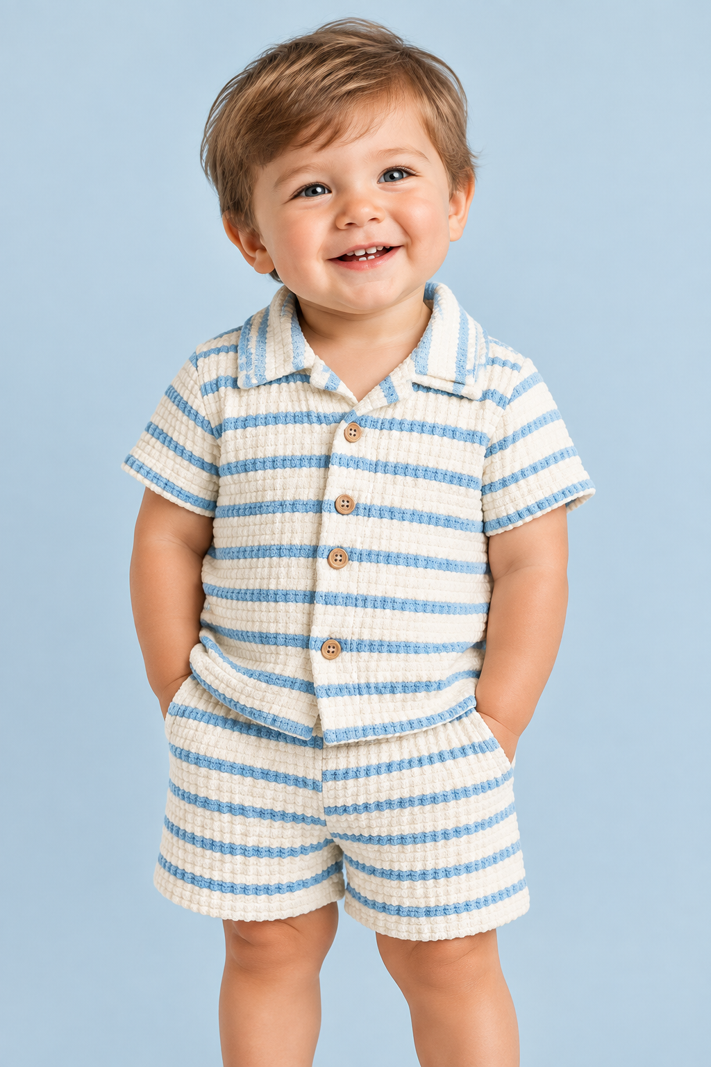 Baby Boys’ Striped Shirt & Shorts Set – Blue & Cream