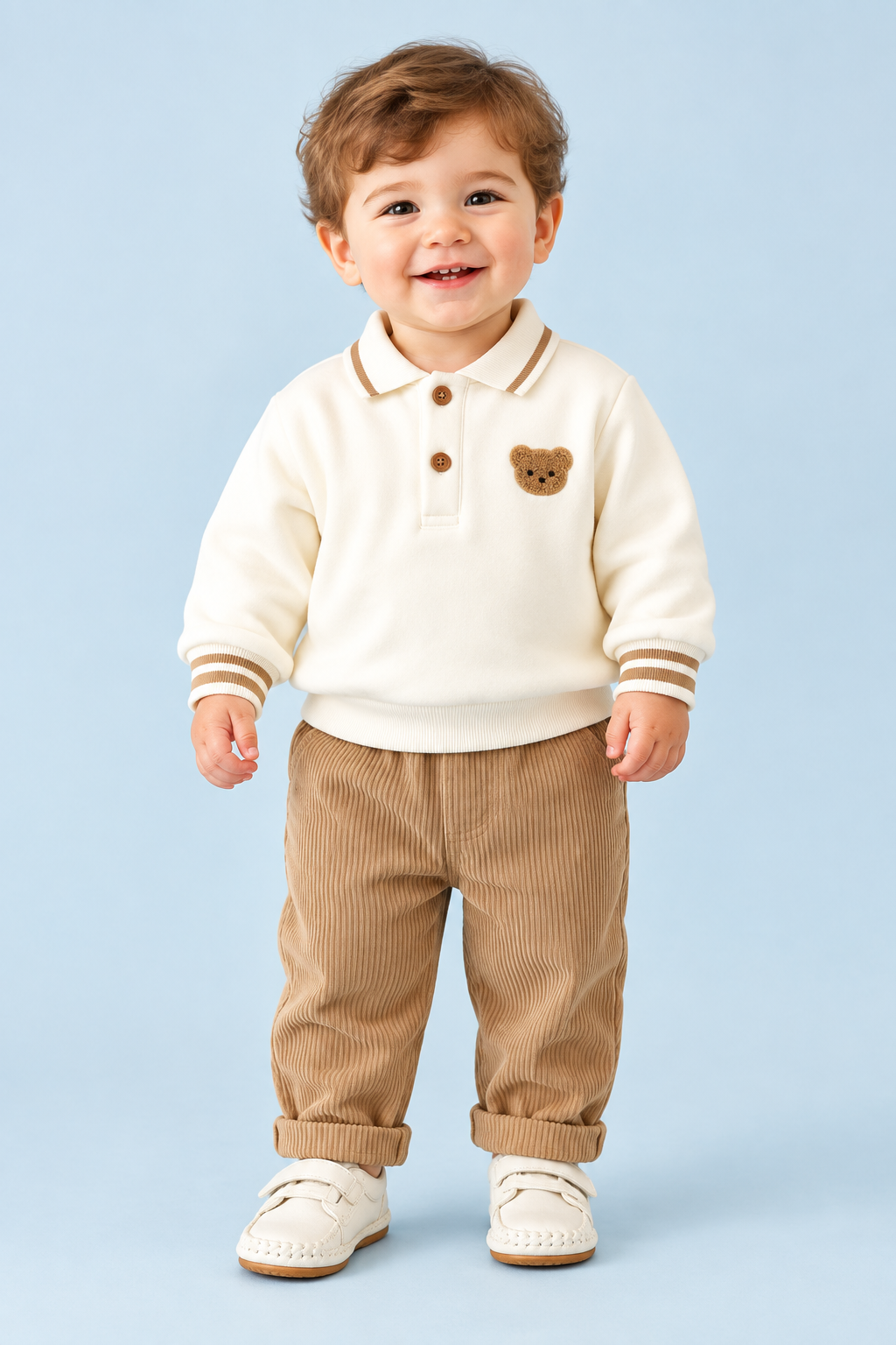 Baby Boys’ Teddy Bear Polo & Trousers Set – Cream & Tan