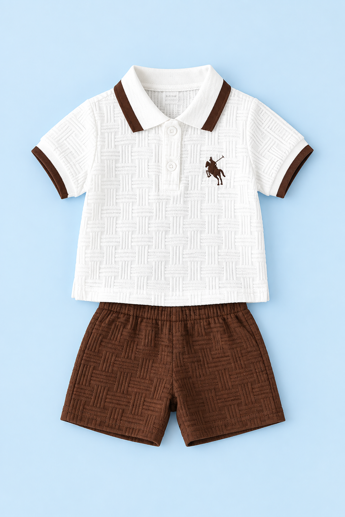 Baby Boys’ Textured Polo & Shorts Set – White & Brown