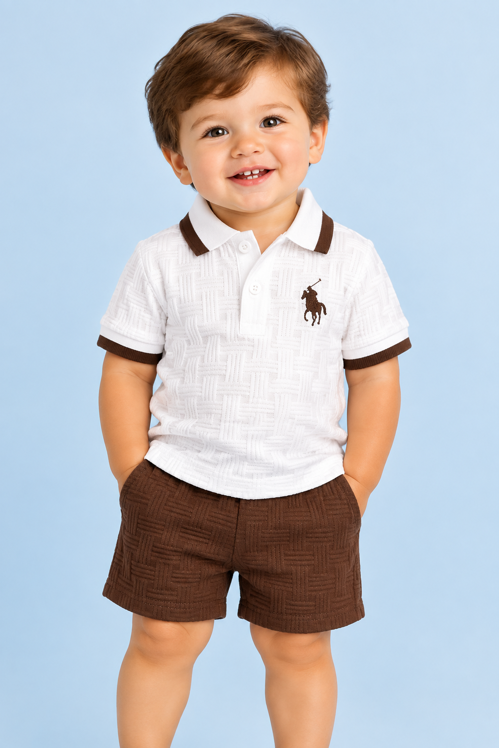 Baby Boys’ Textured Polo & Shorts Set – White & Brown