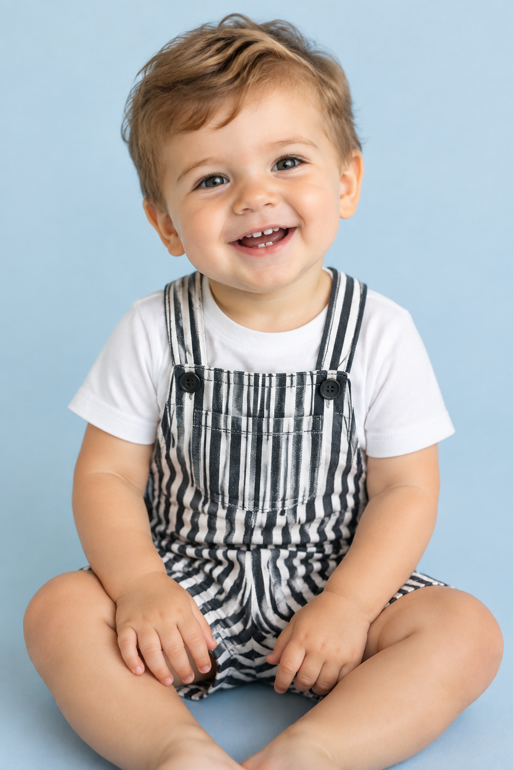 Baby Striped Dungaree Set with Hat – Black & White