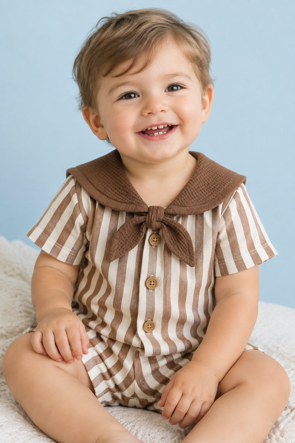 Baby Boys’ Striped Sailor-Style Romper – Beige & Brown