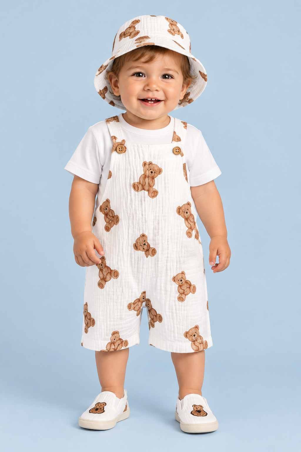Baby Teddy Bear Dungaree Set with Hat – White & Brown