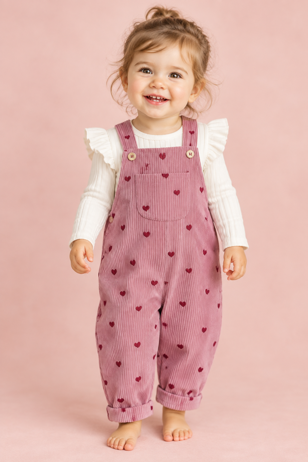 Pink Heart Corduroy Dungaree & Ruffle Top 2-Piece Set